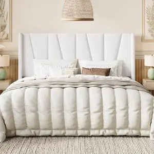 King Size Velvet Bed Frame with Geometric Wingback Headboard, Upholstered Platform Bed with Wooden Slats Support, 8" Under-Bed Space, No Box Spring Needed, Easy Assembly, White King Size Velvet Bed Frame with Geometric Wingback Headboard, Upholstered Platform Bed with Wooden Slats Support, 8" Under-Bed Space, No Box Spring Needed, Easy Assembly, White
