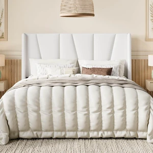 Full Size Velvet Bed Frame with Geometric Wingback Headboard, Upholstered Platform Bed with Wooden Slats Support, 8" Under-Bed Space, No Box Spring Needed, Easy Assembly, White Full Size Velvet Bed Frame with Geometric Wingback Headboard, Upholstered Platform Bed with Wooden Slats Support, 8" Under-Bed Space, No Box Spring Needed, Easy Assembly, White