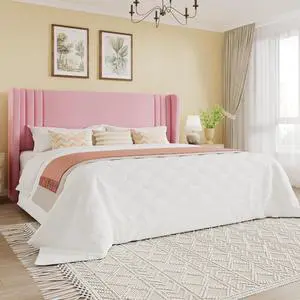 King Size Velvet Upholstered Platform Bed Frame with Vertical Channel Tufted Wingback Headboard, Wooden Slats Support, Easy Assembly, Under Bed Storage, No Box Spring Required, Pink King Size Velvet Upholstered Platform Bed Frame with Vertical Channel Tufted Wingback Headboard, Wooden Slats Support, Easy Assembly, Under Bed Storage, No Box Spring Required, Pink
