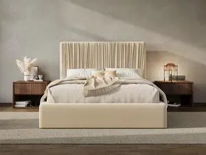 Queen Size Artisanal Pleated Velvet Bed Frame with Adjustable Headboard, Luxurious Upholstered Floor Platform Bed, Modern Low Profile Frame, Beige White Queen Size Artisanal Pleated Velvet Bed Frame with Adjustable Headboard, Luxurious Upholstered Floor Platform Bed, Modern Low Profile Frame, Beige White