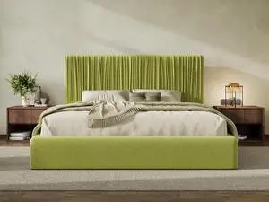King Size Artisanal Pleated Velvet Bed Frame with Adjustable Headboard, Luxurious Upholstered Floor Platform Bed, Modern Low Profile Frame, Green King Size Artisanal Pleated Velvet Bed Frame with Adjustable Headboard, Luxurious Upholstered Floor Platform Bed, Modern Low Profile Frame, Green