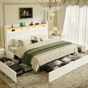 King Upholstered Platform Bed Frame with 3 Spacious Storage Drawers, Built-in LED Lights & Charging Station, Vertical Tufted Headboard with Shelf, No Box Spring Needed, Chenille White King Upholstered Platform Bed Frame with 3 Spacious Storage Drawers, Built-in LED Lights & Charging Station, Vertical Tufted Headboard with Shelf, No Box Spring Needed, Chenille White