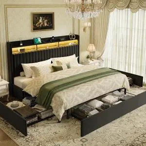 King Upholstered Platform Bed Frame with 3 Spacious Storage Drawers, Built-in LED Lights & Charging Station, Vertical Tufted Headboard with Shelf, No Box Spring Needed, Velvet Black King Upholstered Platform Bed Frame with 3 Spacious Storage Drawers, Built-in LED Lights & Charging Station, Vertical Tufted Headboard with Shelf, No Box Spring Needed, Velvet Black