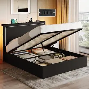 Queen Size Hydraulic Lift-Up Storage Platform Bed Frame with Charging Station, RGB LED Lights, Adjustable Velvet Headboard, USB-A and USB-C Ports, No Box Spring Needed, Black Queen Size Hydraulic Lift-Up Storage Platform Bed Frame with Charging Station, RGB LED Lights, Adjustable Velvet Headboard, USB-A and USB-C Ports, No Box Spring Needed, Black