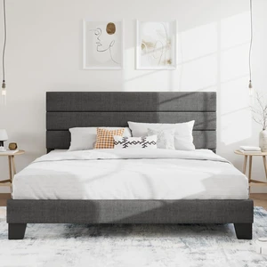 King Platform Bed Frame with Upholstered Fabric Headboard, Mattress Foundation with Strong Wooden Slats Support, No Box Spring Needed, Grey King Platform Bed Frame with Upholstered Fabric Headboard, Mattress Foundation with Strong Wooden Slats Support, No Box Spring Needed, Grey