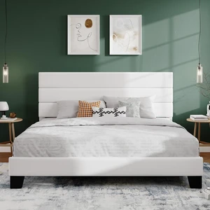 King Platform Bed Frame with Velvet Upholstered Headboard, Mattress Foundation with Strong Wooden Slats Support, No Box Spring Needed, White King Platform Bed Frame with Velvet Upholstered Headboard, Mattress Foundation with Strong Wooden Slats Support, No Box Spring Needed, White