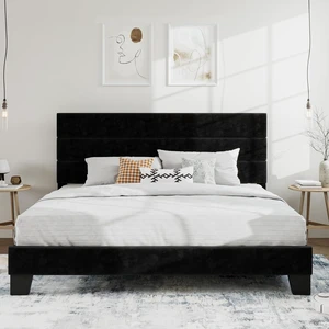 King Platform Bed Frame with Velvet Upholstered Headboard, Mattress Foundation with Strong Wooden Slats Support, No Box Spring Needed, Black King Platform Bed Frame with Velvet Upholstered Headboard, Mattress Foundation with Strong Wooden Slats Support, No Box Spring Needed, Black