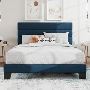 Full Platform Bed Frame with Upholstered Fabric Headboard, Mattress Foundation with Strong Wooden Slats Support, No Box Spring Needed, Blue Full Platform Bed Frame with Upholstered Fabric Headboard, Mattress Foundation with Strong Wooden Slats Support, No Box Spring Needed, Blue