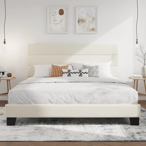 King Platform Bed Frame with Velvet Upholstered Headboard, Mattress Foundation with Strong Wooden Slats Support, No Box Spring Needed, Cream King Platform Bed Frame with Velvet Upholstered Headboard, Mattress Foundation with Strong Wooden Slats Support, No Box Spring Needed, Cream