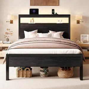 Twin Size Bed Frame / 2-Tier Storage Headboard/LED Light and Charging Station/Wood Metal Platform with Footboard/No Box Spring Needed/Noise-Free/Heavy Duty Slats/Black Oak Twin Size Bed Frame / 2-Tier Storage Headboard/LED Light and Charging Station/Wood Metal Platform with Footboard/No Box Spring Needed/Noise-Free/Heavy Duty Slats/Black Oak
