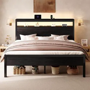 King Size Bed Frame / 2-Tier Storage Headboard/LED Light and Charging Station/Wood Metal Platform with Footboard/No Box Spring Needed/Noise-Free/Heavy Duty Slats/Black Oak King Size Bed Frame / 2-Tier Storage Headboard/LED Light and Charging Station/Wood Metal Platform with Footboard/No Box Spring Needed/Noise-Free/Heavy Duty Slats/Black Oak