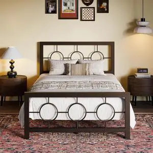 Twin Metal Bed Frame with Vintage Circular Design Headboard and Footboard, No Box Spring Required, Easy Assembly, Noise-Free,Brown Twin Metal Bed Frame with Vintage Circular Design Headboard and Footboard, No Box Spring Required, Easy Assembly, Noise-Free,Brown