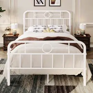 Queen Bed Frame with Vintage Headboard, Heavy Duty Metal Platform Bed Frame, No Box Spring Needed, Noise-Free, 12.4" Under-Bed Storage, Easy Assembly, White Queen Bed Frame with Vintage Headboard, Heavy Duty Metal Platform Bed Frame, No Box Spring Needed, Noise-Free, 12.4" Under-Bed Storage, Easy Assembly, White