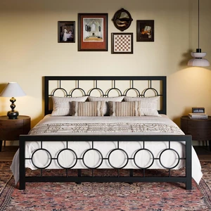 King Size Metal Bed Frame with Vintage Circular Design Headboard and Footboard,No Box Spring Required,Easy Assembly,Noise-Free,Black King Size Metal Bed Frame with Vintage Circular Design Headboard and Footboard,No Box Spring Required,Easy Assembly,Noise-Free,Black