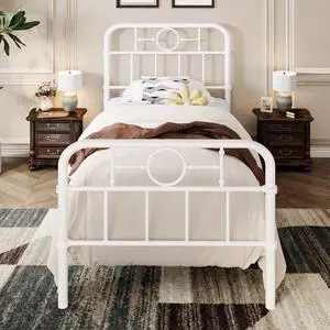Twin Bed Frame with Vintage Headboard, Heavy Duty Metal Platform Bed Frame, No Box Spring Needed, Noise-Free, 12.4" Under-Bed Storage, Easy Assembly, White Twin Bed Frame with Vintage Headboard, Heavy Duty Metal Platform Bed Frame, No Box Spring Needed, Noise-Free, 12.4" Under-Bed Storage, Easy Assembly, White