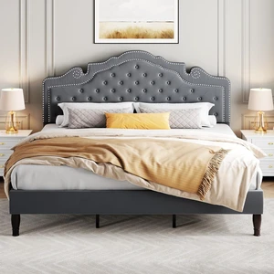 King Size Platfrom Bed Frame with Adjustable Headboard/Velvet Upholstered Diamond Button Tufted and Metal Studs/No Box Spring Needed/Easy Assembly/Woodenen Slat Support/Light Grey King Size Platfrom Bed Frame with Adjustable Headboard/Velvet Upholstered Diamond Button Tufted and Metal Studs/No Box Spring Needed/Easy Assembly/Woodenen Slat Support/Light Grey