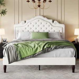 Full Size Bed Frame with Adjustable Headboard/Velvet Upholstered/Diamond Button Tufted and Metal Studs/No Box Spring Needed/Sturdy Wood Slat Support/Easy Assembly/White Full Size Bed Frame with Adjustable Headboard/Velvet Upholstered/Diamond Button Tufted and Metal Studs/No Box Spring Needed/Sturdy Wood Slat Support/Easy Assembly/White
