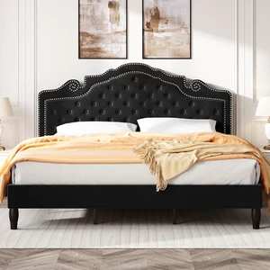 King Size Platfrom Bed Frame with Adjustable Headboard/Velvet Upholstered Diamond Button Tufted and Metal Studs/No Box Spring Needed/Easy Assembly/Wooden Slat Support/Black King Size Platfrom Bed Frame with Adjustable Headboard/Velvet Upholstered Diamond Button Tufted and Metal Studs/No Box Spring Needed/Easy Assembly/Wooden Slat Support/Black