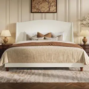 King Size Upholstered Platform Bed Frame, Modern Chenille Bed with 54'' Tall Headboard, Curved Wingback, Wooden Legs, Heavy Duty Slat Support, Noise-Free, Easy Assembly, Soft White King Size Upholstered Platform Bed Frame, Modern Chenille Bed with 54'' Tall Headboard, Curved Wingback, Wooden Legs, Heavy Duty Slat Support, Noise-Free, Easy Assembly, Soft White