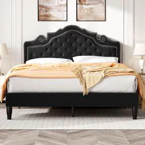 Full Size Bed Frame with Adjustable Headboard/Velvet Upholstered/Diamond Button Tufted and Metal Studs/No Box Spring Needed/Wood Slat Support/Easy Assembly/Black Full Size Bed Frame with Adjustable Headboard/Velvet Upholstered/Diamond Button Tufted and Metal Studs/No Box Spring Needed/Wood Slat Support/Easy Assembly/Black