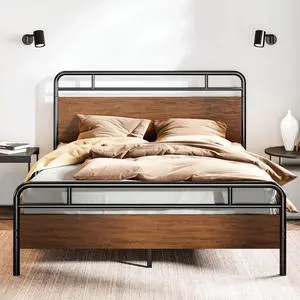 Queen Size Bed Frame with Wooden Headboard and Footboard, Rounded Corner Metal Structure, Heavy Duty Slats with Under-Bed Storage, No Box Spring Needed, Walnut Queen Size Bed Frame with Wooden Headboard and Footboard, Rounded Corner Metal Structure, Heavy Duty Slats with Under-Bed Storage, No Box Spring Needed, Walnut