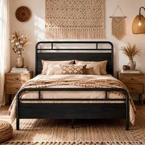 Queen Size Bed Frame with Vintage Industrial Wood Headboard, Heavy Duty Metal Platform, 12 Inch Under Bed Storage, Noise-Free, No Box Spring Needed, Easy Assembly, Black Queen Size Bed Frame with Vintage Industrial Wood Headboard, Heavy Duty Metal Platform, 12 Inch Under Bed Storage, Noise-Free, No Box Spring Needed, Easy Assembly, Black