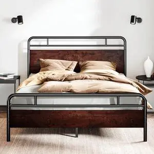 Queen Size Bed Frame with Wooden Headboard and Footboard, Rounded Corner Metal Structure, Heavy Duty Slats with Under-Bed Storage, No Box Spring Needed, Mahogany Queen Size Bed Frame with Wooden Headboard and Footboard, Rounded Corner Metal Structure, Heavy Duty Slats with Under-Bed Storage, No Box Spring Needed, Mahogany