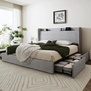 King Size Storage Bed Frame with 4 Oversized Drawers, Modern Wingback Headboard with Storage Shelf & Charging Station, No Box Spring Needed, Easy Assembly, Grey King Size Storage Bed Frame with 4 Oversized Drawers, Modern Wingback Headboard with Storage Shelf & Charging Station, No Box Spring Needed, Easy Assembly, Grey