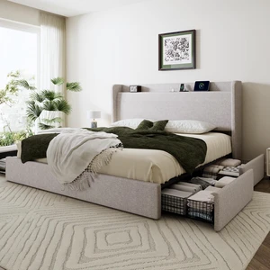 King Size Storage Bed Frame with 4 Oversized Drawers, Modern Wingback Headboard with Storage Shelf & Charging Station, No Box Spring Needed, Easy Assembly, Light Beige King Size Storage Bed Frame with 4 Oversized Drawers, Modern Wingback Headboard with Storage Shelf & Charging Station, No Box Spring Needed, Easy Assembly, Light Beige