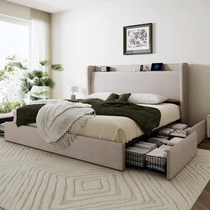 King Size Storage Bed Frame with 4 Oversized Drawers, Modern Wingback Headboard with Storage Shelf & Charging Station, No Box Spring Needed, Easy Assembly, Beige King Size Storage Bed Frame with 4 Oversized Drawers, Modern Wingback Headboard with Storage Shelf & Charging Station, No Box Spring Needed, Easy Assembly, Beige