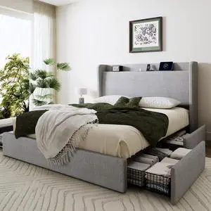 Queen Size Storage Bed Frame with 4 Oversized Drawers, Modern Wingback Headboard with Storage Shelf & Charging Station, No Box Spring Needed, Easy Assembly, Grey Queen Size Storage Bed Frame with 4 Oversized Drawers, Modern Wingback Headboard with Storage Shelf & Charging Station, No Box Spring Needed, Easy Assembly, Grey