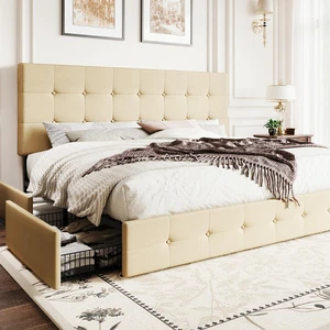 Upholstered King Size Platform Bed Frame with 4 Storage Drawers, Adjustable Headboard with Square Stitched Button Tufted Design, Wooden Slat Support, No Box Spring Needed, Beige Upholstered King Size Platform Bed Frame with 4 Storage Drawers, Adjustable Headboard with Square Stitched Button Tufted Design, Wooden Slat Support, No Box Spring Needed, Beige