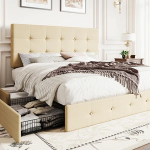 Upholstered Full Size Platform Bed Frame with 4 Storage Drawers, Adjustable Headboard with Square Stitched Button Tufted Design, Wooden Slat Support, No Box Spring Needed, Beige Upholstered Full Size Platform Bed Frame with 4 Storage Drawers, Adjustable Headboard with Square Stitched Button Tufted Design, Wooden Slat Support, No Box Spring Needed, Beige