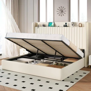 King Size Lift Up Storage Bed Frame with Charging Station/USB,Type-C Port/Storage Headboard/Velvet Upholstered/Hydraulic Support/No Box Spring Needed/Noise Free/Cream White King Size Lift Up Storage Bed Frame with Charging Station/USB,Type-C Port/Storage Headboard/Velvet Upholstered/Hydraulic Support/No Box Spring Needed/Noise Free/Cream White
