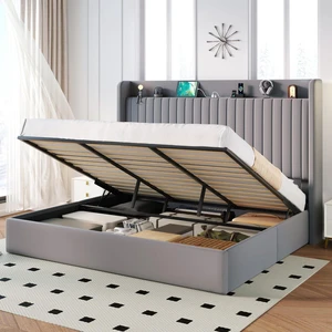 King Size Lift Up Storage Bed Frame with Charging Station/USB,Type-C Port/Storage Headboard/Velvet Upholstered/Hydraulic Support/No Box Spring Needed/Noise Free/Gray King Size Lift Up Storage Bed Frame with Charging Station/USB,Type-C Port/Storage Headboard/Velvet Upholstered/Hydraulic Support/No Box Spring Needed/Noise Free/Gray