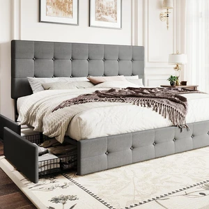 Upholstered King Size Platform Bed Frame with 4 Storage Drawers, Adjustable Headboard with Square Stitched Button Tufted Design, Wooden Slat Support, No Box Spring Needed, Light Grey Upholstered King Size Platform Bed Frame with 4 Storage Drawers, Adjustable Headboard with Square Stitched Button Tufted Design, Wooden Slat Support, No Box Spring Needed, Light Grey