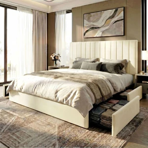 King Size Platform Bed Frame with 4 Storage Drawers, Vertical Channel Tufted Adjustable Headboard, Velvet Upholstered, Wooden Slats Support, No Box Spring Needed, Easy Assembly, Cream King Size Platform Bed Frame with 4 Storage Drawers, Vertical Channel Tufted Adjustable Headboard, Velvet Upholstered, Wooden Slats Support, No Box Spring Needed, Easy Assembly, Cream