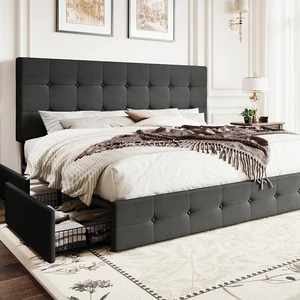 Upholstered King Size Platform Bed Frame with 4 Storage Drawers, Adjustable Headboard with Square Stitched Button Tufted Design, Wooden Slat Support, No Box Spring Needed, Dark Grey Upholstered King Size Platform Bed Frame with 4 Storage Drawers, Adjustable Headboard with Square Stitched Button Tufted Design, Wooden Slat Support, No Box Spring Needed, Dark Grey