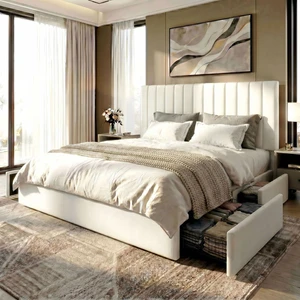 King Size Platform Bed Frame with 4 Storage Drawers, Vertical Channel Tufted Adjustable Headboard, Velvet Upholstered, Wooden Slats Support, No Box Spring Needed, Easy Assembly, White King Size Platform Bed Frame with 4 Storage Drawers, Vertical Channel Tufted Adjustable Headboard, Velvet Upholstered, Wooden Slats Support, No Box Spring Needed, Easy Assembly, White