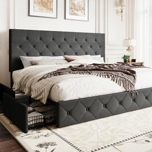 Upholstered King Size Platform Bed Frame with 4 Storage Drawers, Adjustable Headboard with Diamond Stitched Button Tufted Design, Wooden Slat Support, No Box Spring Needed, Dark Grey Upholstered King Size Platform Bed Frame with 4 Storage Drawers, Adjustable Headboard with Diamond Stitched Button Tufted Design, Wooden Slat Support, No Box Spring Needed, Dark Grey