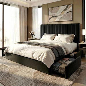 King Size Platform Bed Frame with 4 Storage Drawers, Vertical Channel Tufted Adjustable Headboard, Velvet Upholstered, Wooden Slats Support, No Box Spring Needed, Easy Assembly, Black King Size Platform Bed Frame with 4 Storage Drawers, Vertical Channel Tufted Adjustable Headboard, Velvet Upholstered, Wooden Slats Support, No Box Spring Needed, Easy Assembly, Black
