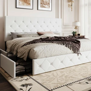 King Size Platform Bed Frame with 4 Oversized Storage Drawers, Adjustable Headboard with Velvet Upholstery, Diamond Button Tufted Design, Wooden Slat Support, No Box Spring Needed, White King Size Platform Bed Frame with 4 Oversized Storage Drawers, Adjustable Headboard with Velvet Upholstery, Diamond Button Tufted Design, Wooden Slat Support, No Box Spring Needed, White