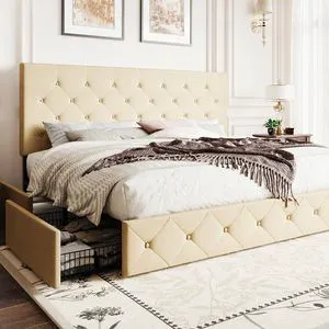 Upholstered King Size Platform Bed Frame with 4 Storage Drawers, Adjustable Headboard with Diamond Stitched Button Tufted Design, Wooden Slat Support, No Box Spring Needed, Beige Upholstered King Size Platform Bed Frame with 4 Storage Drawers, Adjustable Headboard with Diamond Stitched Button Tufted Design, Wooden Slat Support, No Box Spring Needed, Beige