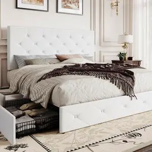 Queen Platform Bed Frame with 4 Oversized Storage Drawers, Adjustable Headboard with Velvet Upholstery, Diamond Button Tufted Design, Wooden Slat Support, No Box Spring Needed, White Queen Platform Bed Frame with 4 Oversized Storage Drawers, Adjustable Headboard with Velvet Upholstery, Diamond Button Tufted Design, Wooden Slat Support, No Box Spring Needed, White