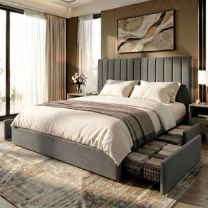 King Size Platform Bed Frame with 4 Storage Drawers, Vertical Channel Tufted Adjustable Headboard, Velvet Upholstered, Wooden Slats Support, No Box Spring Needed, Easy Assembly, Grey King Size Platform Bed Frame with 4 Storage Drawers, Vertical Channel Tufted Adjustable Headboard, Velvet Upholstered, Wooden Slats Support, No Box Spring Needed, Easy Assembly, Grey