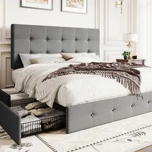 Upholstered Full Size Platform Bed Frame with 4 Storage Drawers, Adjustable Headboard with Square Stitched Button Tufted Design, Wooden Slat Support, No Box Spring Needed, Light Grey Upholstered Full Size Platform Bed Frame with 4 Storage Drawers, Adjustable Headboard with Square Stitched Button Tufted Design, Wooden Slat Support, No Box Spring Needed, Light Grey