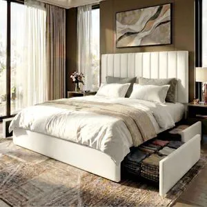 Full Size Platform Bed Frame with 4 Storage Drawers, Vertical Channel Tufted Adjustable Headboard, Velvet Upholstered, Wooden Slats Support, No Box Spring Needed, Easy Assembly, White Full Size Platform Bed Frame with 4 Storage Drawers, Vertical Channel Tufted Adjustable Headboard, Velvet Upholstered, Wooden Slats Support, No Box Spring Needed, Easy Assembly, White