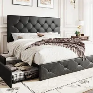 Upholstered Queen Platform Storage Bed Frame with 4 Drawers, Adjustable Headboard with Faux Leather Diamond Button Tufted Design, Wooden Slat Support, No Box Spring Needed, Black Upholstered Queen Platform Storage Bed Frame with 4 Drawers, Adjustable Headboard with Faux Leather Diamond Button Tufted Design, Wooden Slat Support, No Box Spring Needed, Black