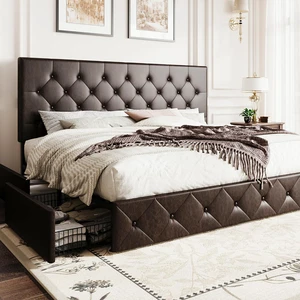 Upholstered King Size Platform Bed Frame with 4 Storage Drawers, Adjustable Headboard with Diamond Stitched Button Tufted Design, Wooden Slat Support, No Box Spring Needed, Black Brown Upholstered King Size Platform Bed Frame with 4 Storage Drawers, Adjustable Headboard with Diamond Stitched Button Tufted Design, Wooden Slat Support, No Box Spring Needed, Black Brown
