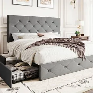 Upholstered Full Size Platform Bed Frame with 4 Storage Drawers, Adjustable Headboard with Diamond Stitched Button Tufted Design, Wooden Slat Support, No Box Spring Needed, Light Grey Upholstered Full Size Platform Bed Frame with 4 Storage Drawers, Adjustable Headboard with Diamond Stitched Button Tufted Design, Wooden Slat Support, No Box Spring Needed, Light Grey